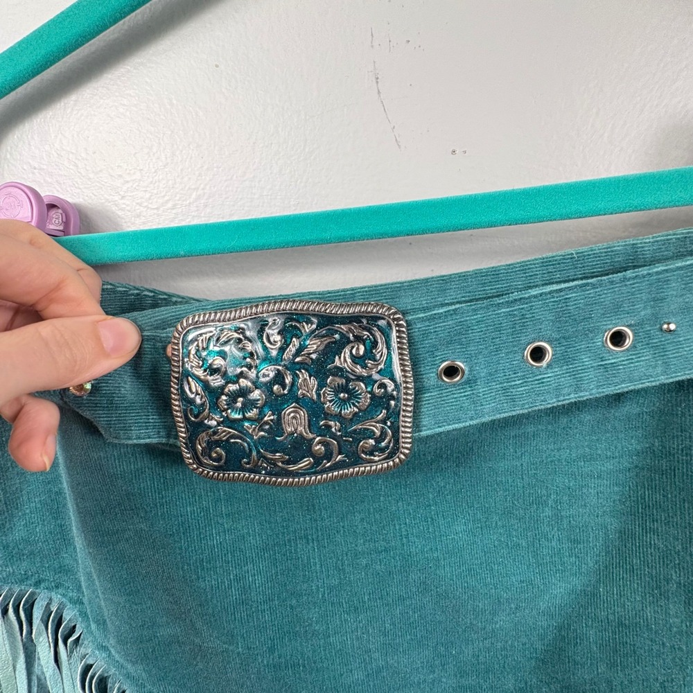 Vintage Teal Corduroy Western Fringe Skirt Set Embroidered Cowgirl 8/12 - Picture 12 of 16